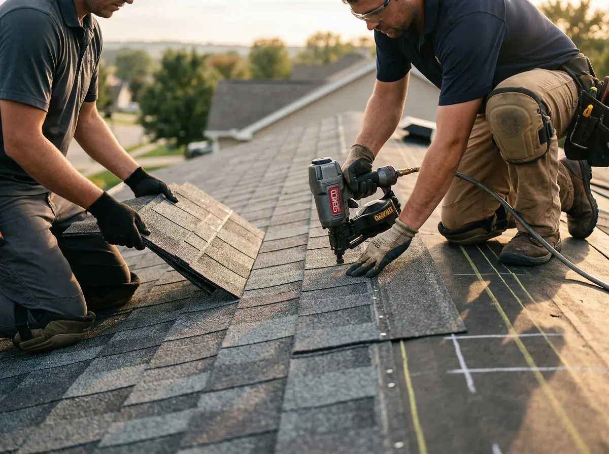 Professional roofer working on a residential roof in New Bern